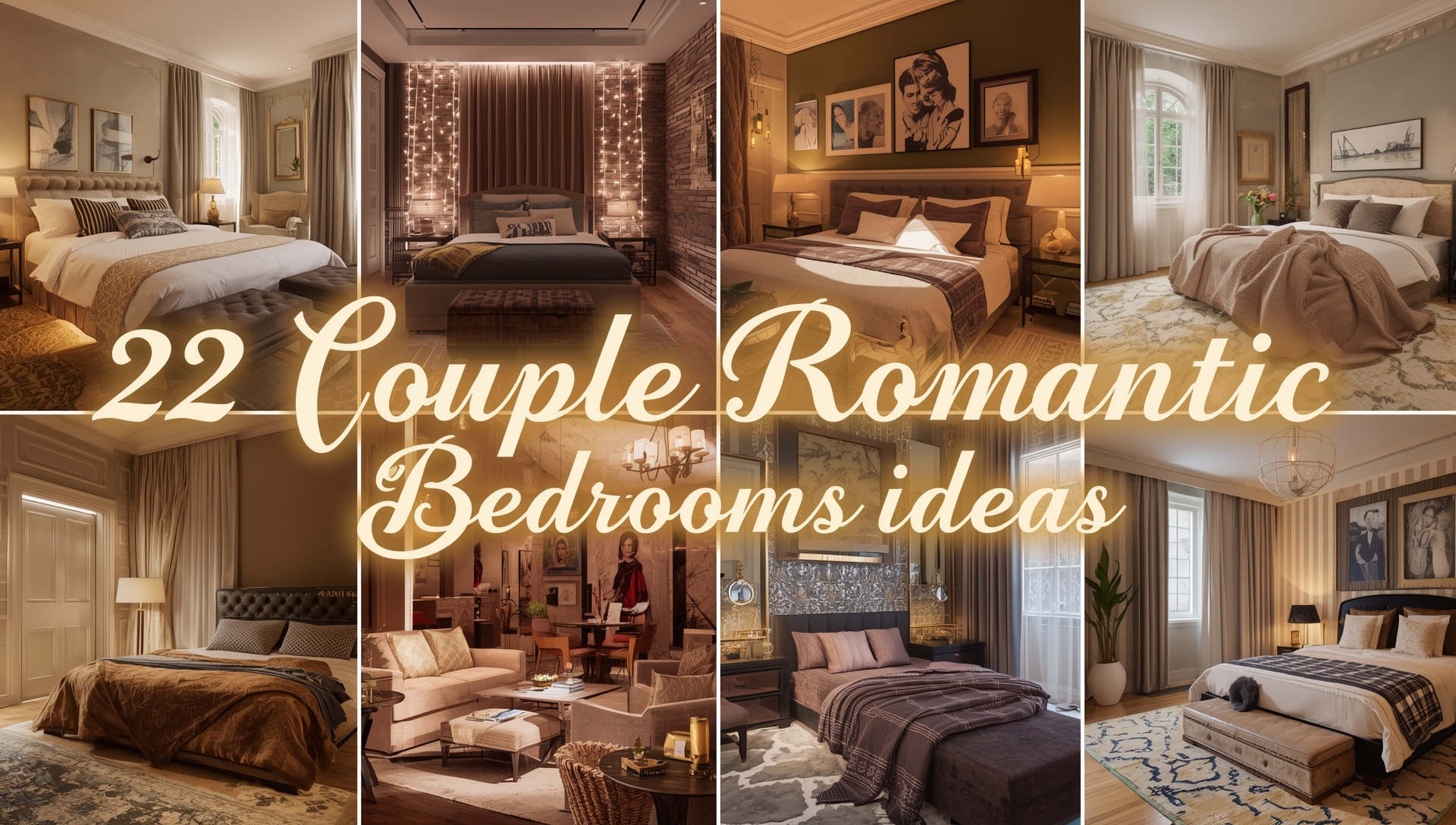 A romantic couple’s bedroom with soft lighting, layered bedding, candles, and elegant décor, creating a warm and intimate atmosphere.