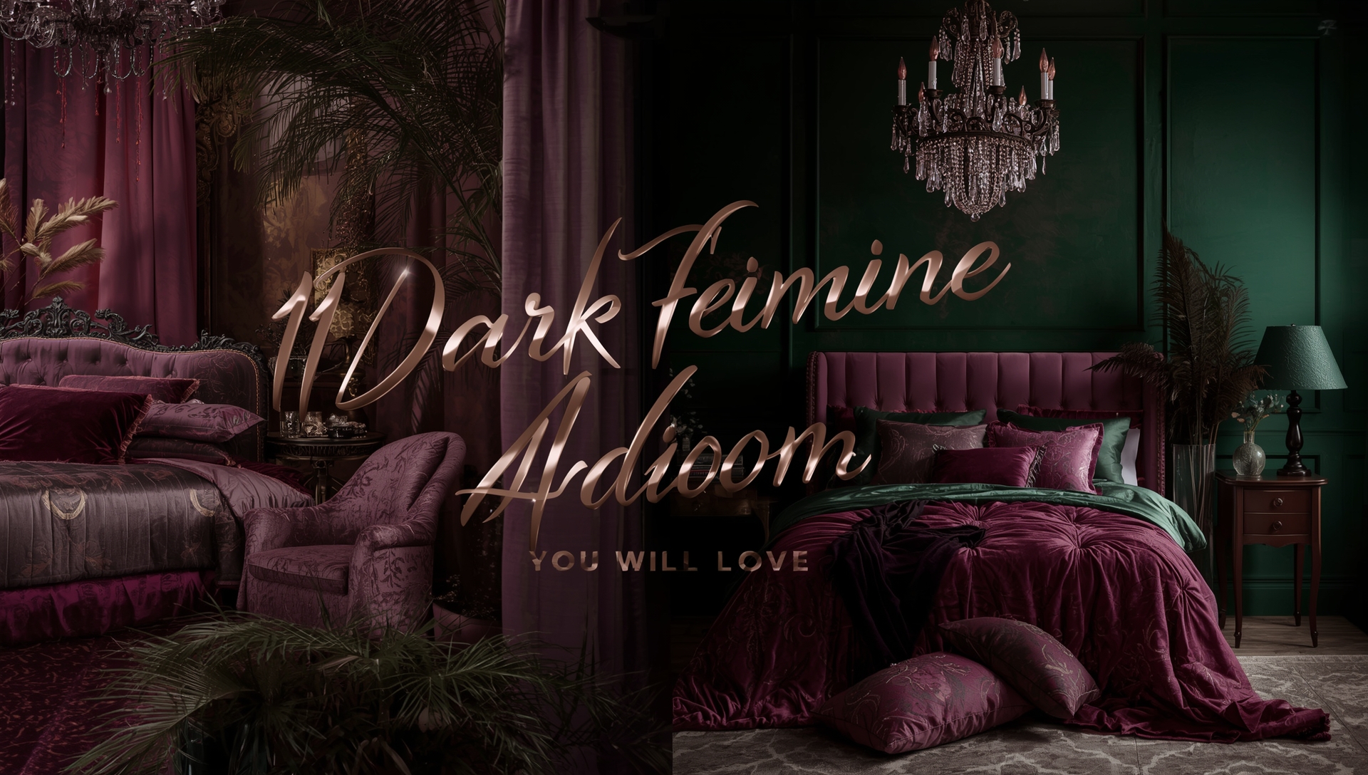 Moody dark feminine bedroom with deep jewel tones, soft textures, and romantic lighting creating an elegant and mysterious vibe.