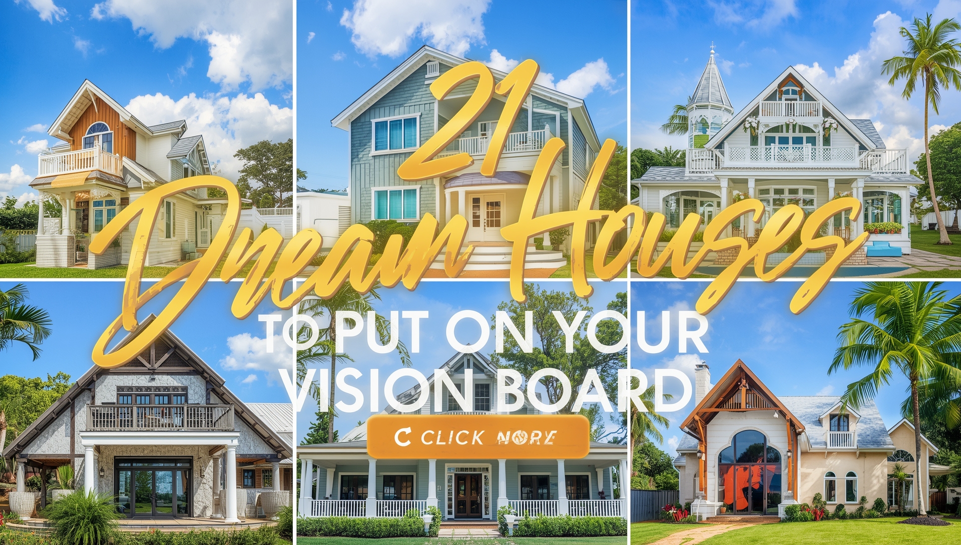Collection of luxurious dream houses including beachfront villas, mountain retreats, and modern architectural masterpieces for vision board inspiration.