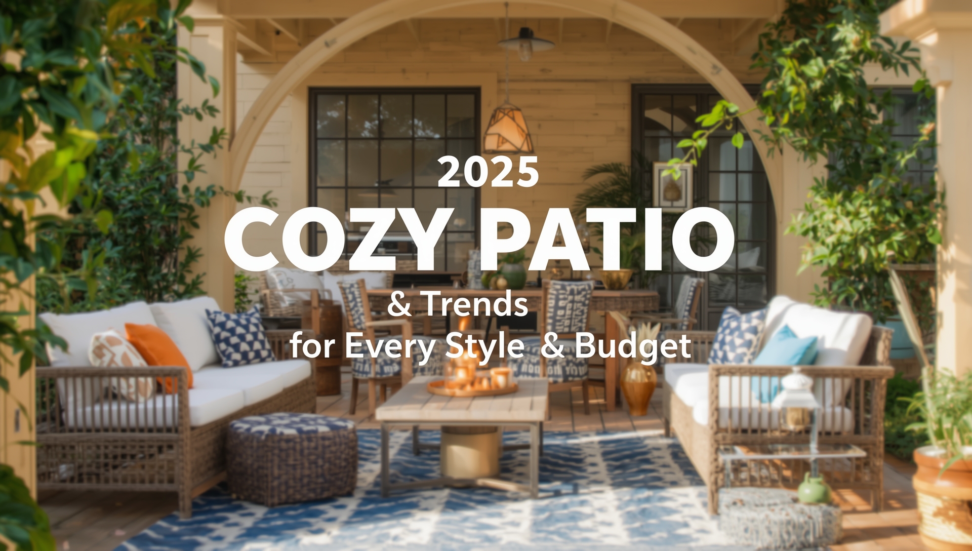 A cozy 2025 patio design with string lights, comfortable seating, and natural accents, blending style and warmth for every budget.