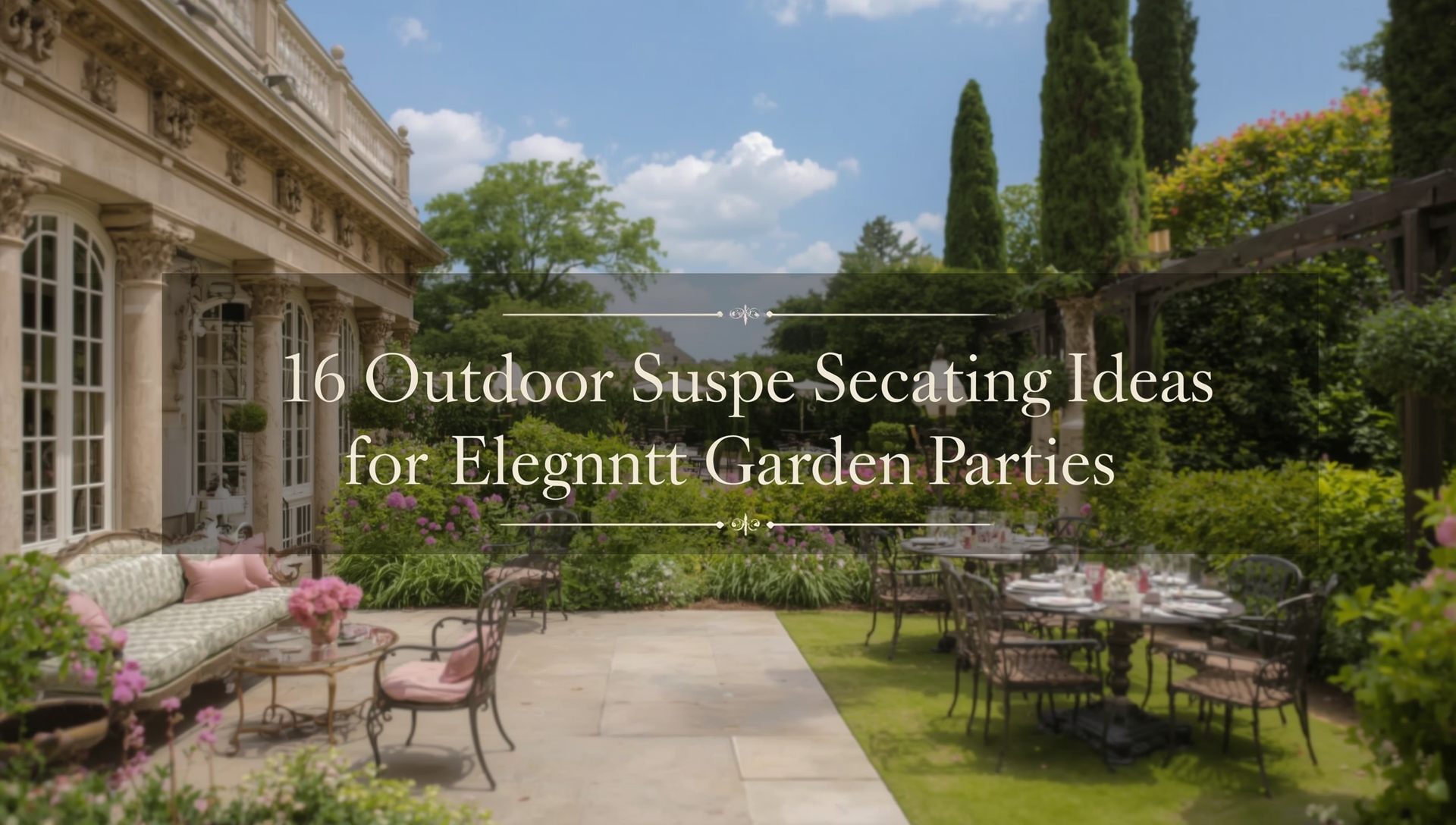 A luxurious outdoor mansion garden with elegant seating, featuring a mix of sofas, lounge chairs, and a firepit setup for entertaining.