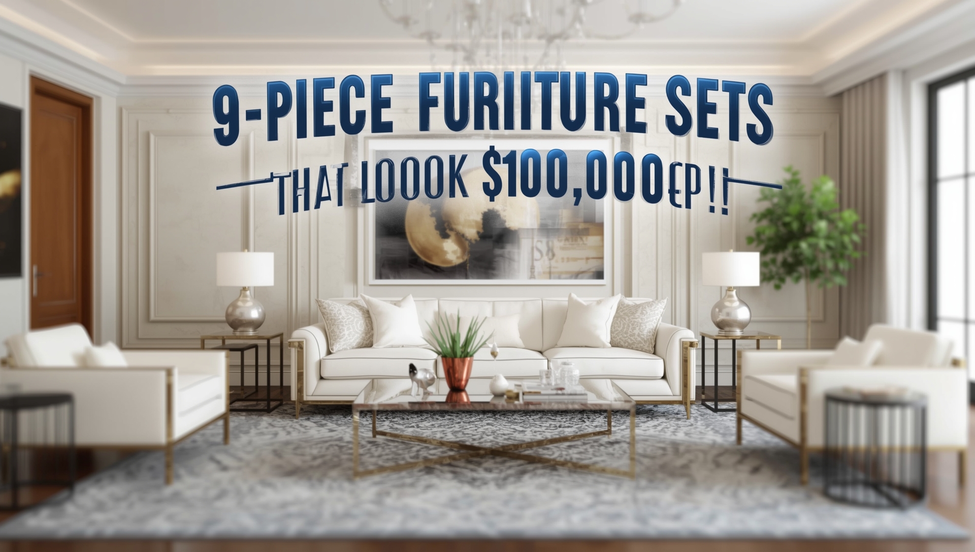 A stylish 9-piece luxury furniture set in a modern living room, featuring a sofa, chairs, and tables that look high-end but are affordable.