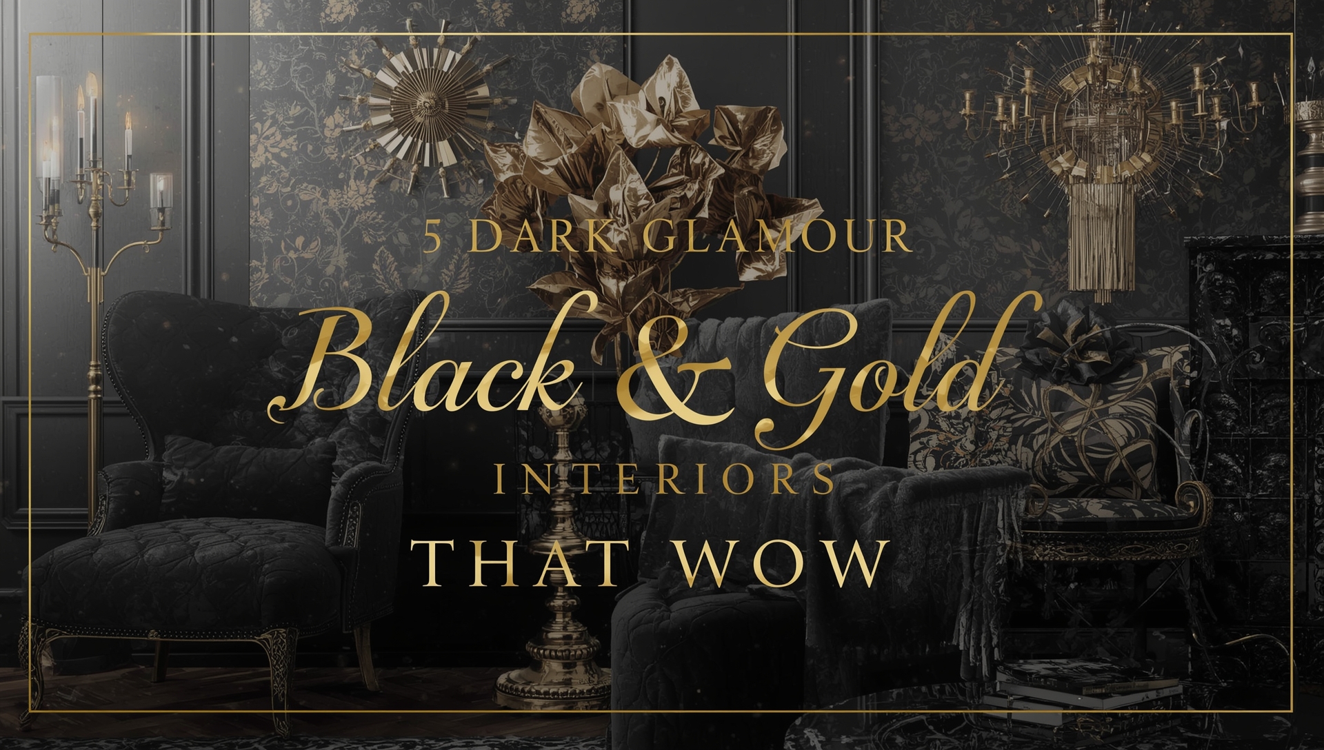 A luxurious black and gold interior design featuring bold furniture, metallic accents, and dramatic lighting for a glamorous ambiance.
