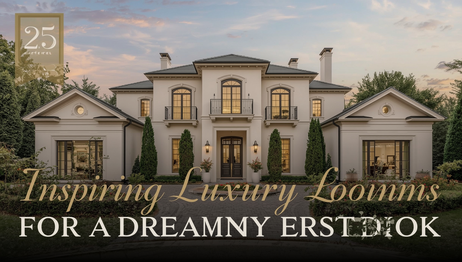 Elegant modern mansion exterior with tall glass windows and landscaped front yard at sunset.