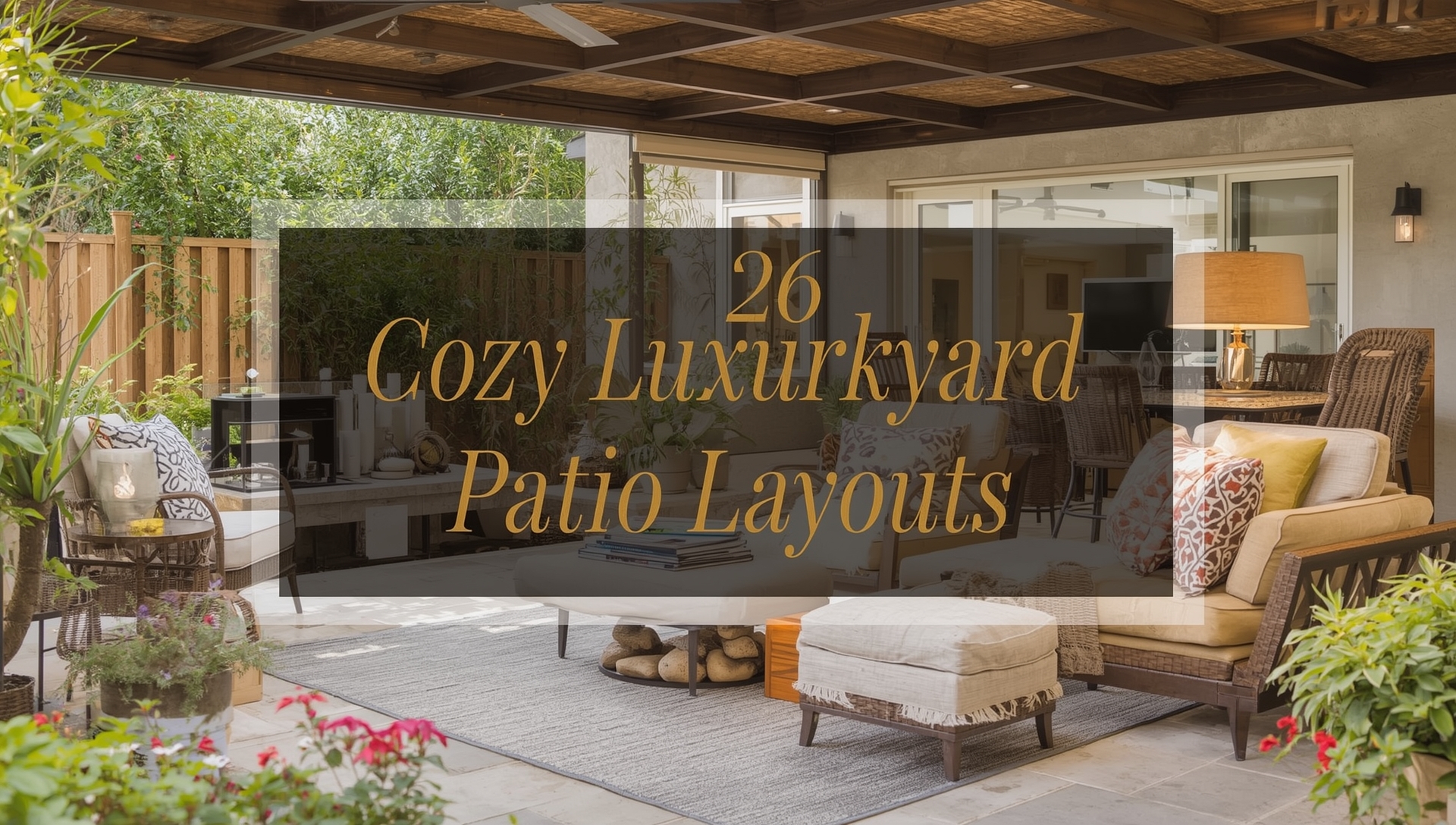 Cozy luxury backyard patio layout with modern seating, lush greenery, and elegant design elements.