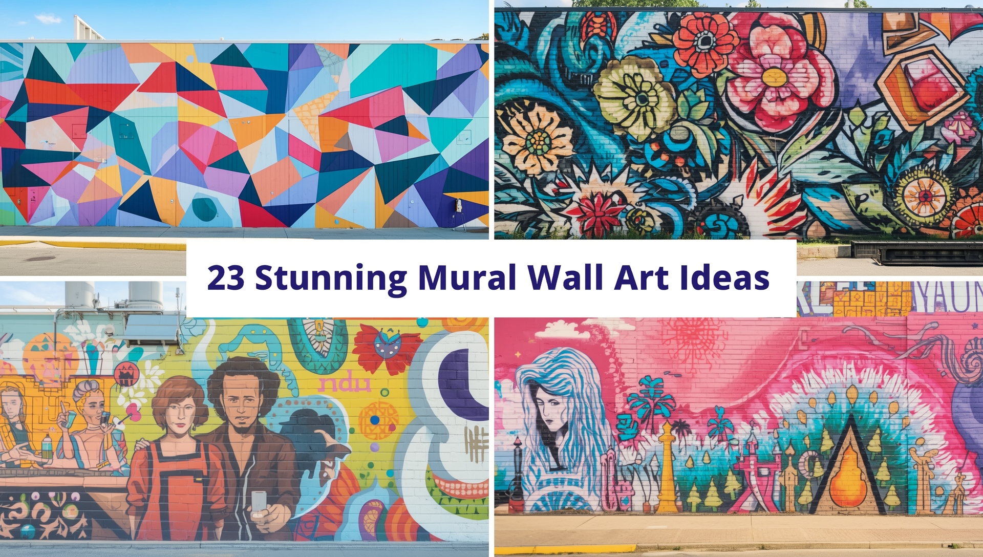 Collection of mural wall art designs in 2025 including abstract, floral, cityscapes, and nature-inspired themes