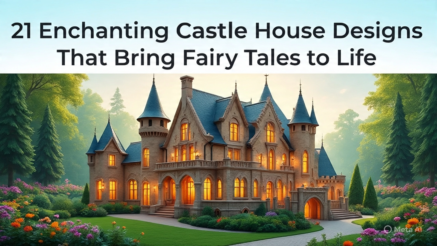 Collection of 21 enchanting castle house designs featuring turrets, stone facades, towers, and fairy-tale inspired architecture in 2025