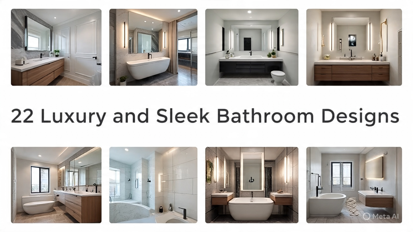 A collection of 22 luxury and sleek bathroom designs featuring modern elements such as marble walls, freestanding tubs, glass showers, gold fixtures, and spa-like interiors, perfect for creating a high-end bathroom in 2025.