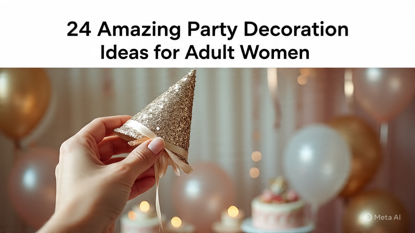 Chic party decoration ideas for adult women featuring balloons, floral centerpieces, table setups, and stylish décor for celebrations.