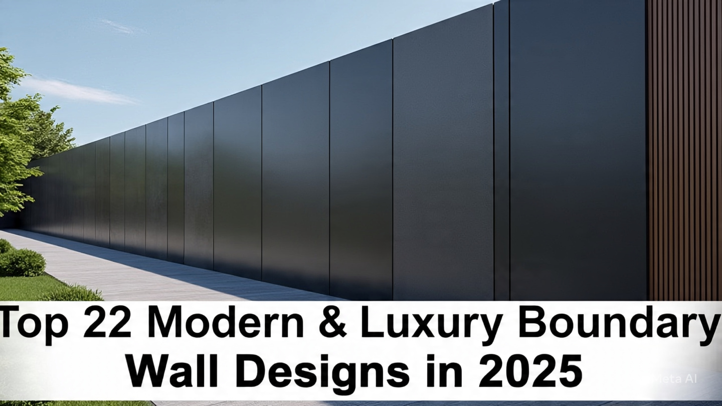 Collection of the top 22 modern and luxury boundary wall designs in 2025, including minimalist concrete, stone-clad, glass and metal, vertical gardens, wooden slats, artistic murals, and more.