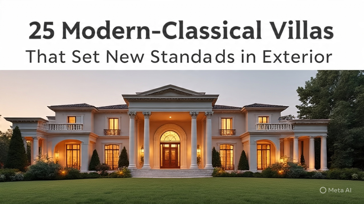 Collection of 25 modern-classical villas showcasing elegant facades, columns, terraces, and sustainable features in 2025