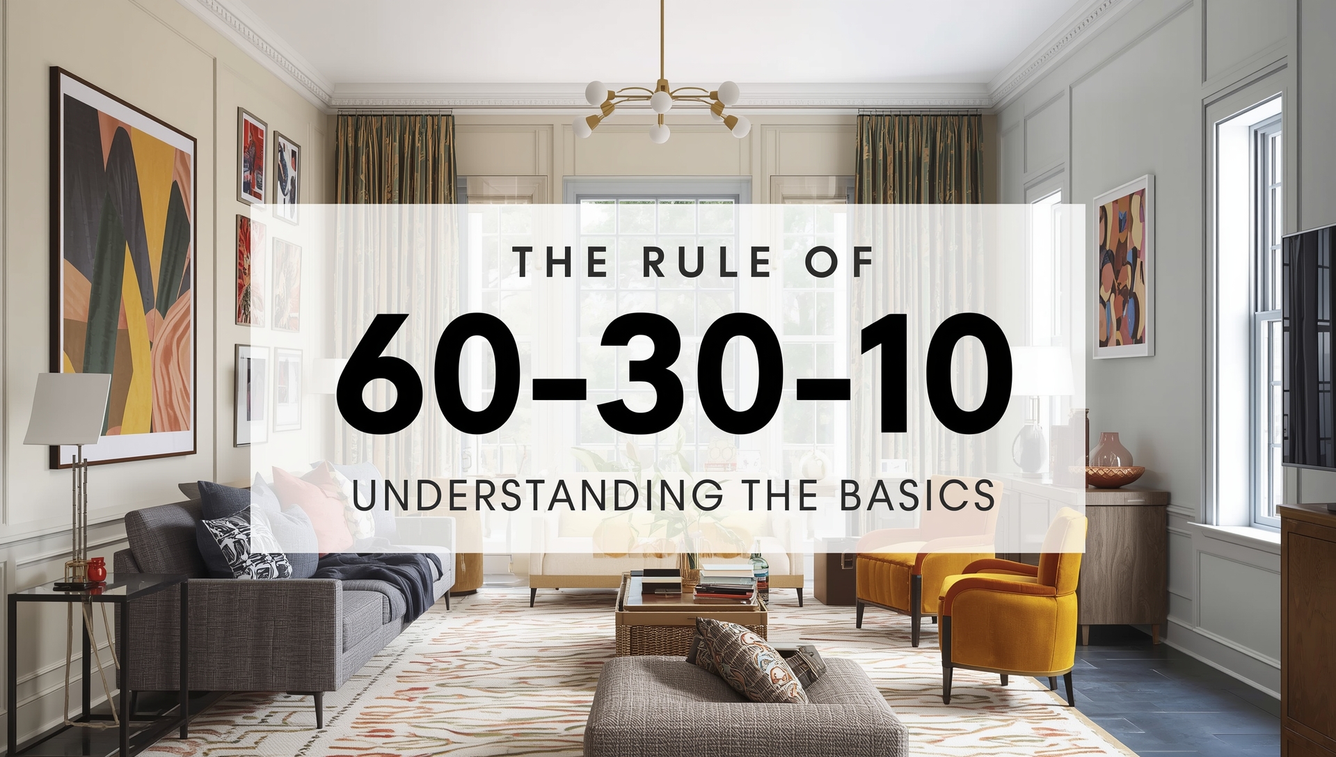 Living room showcasing the 60-30-10 interior design color rule with beige walls, navy sofa, and gold accents