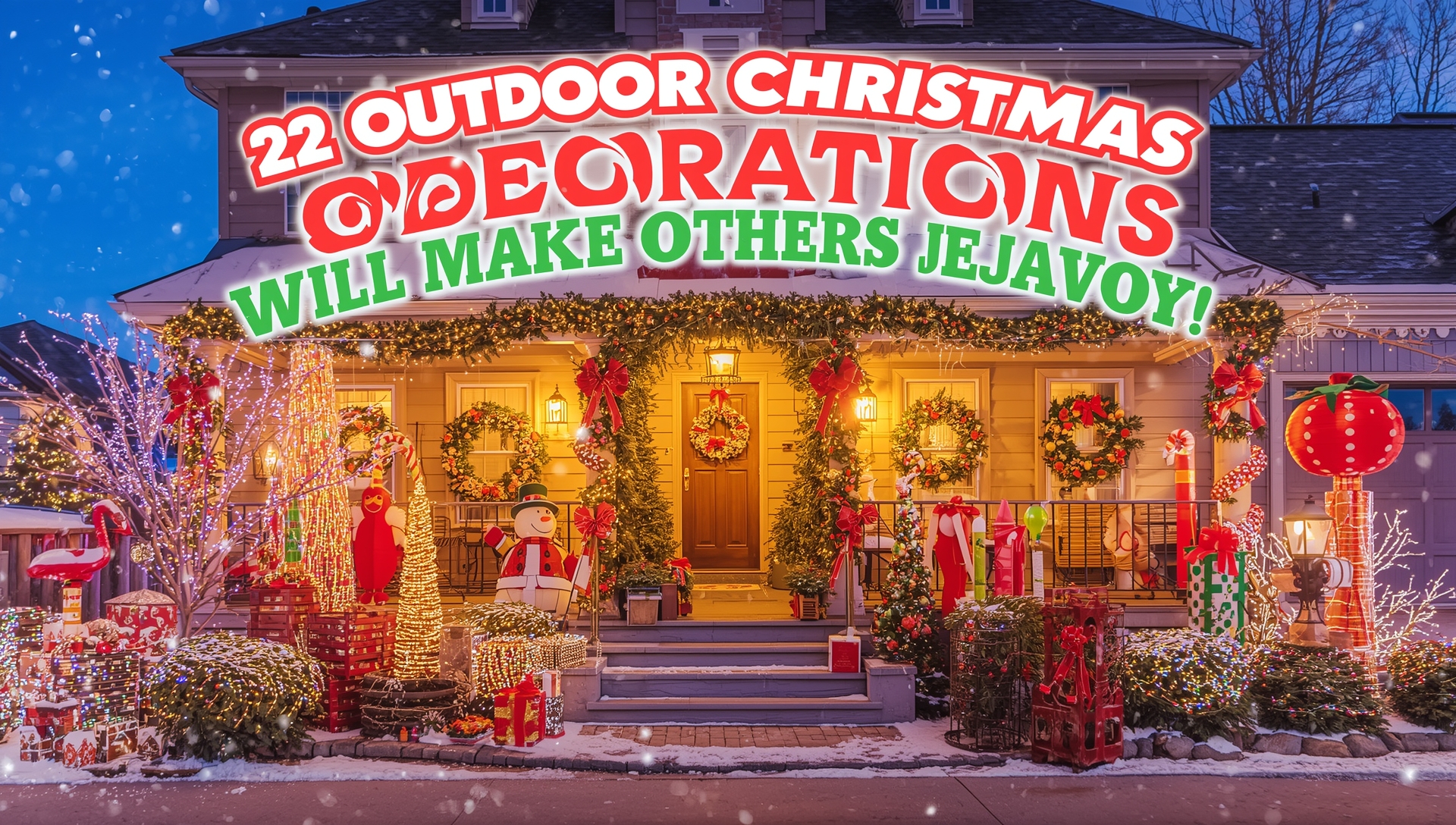 Festive outdoor Christmas decorations with glowing lights, wreaths, and holiday ornaments for 2025.