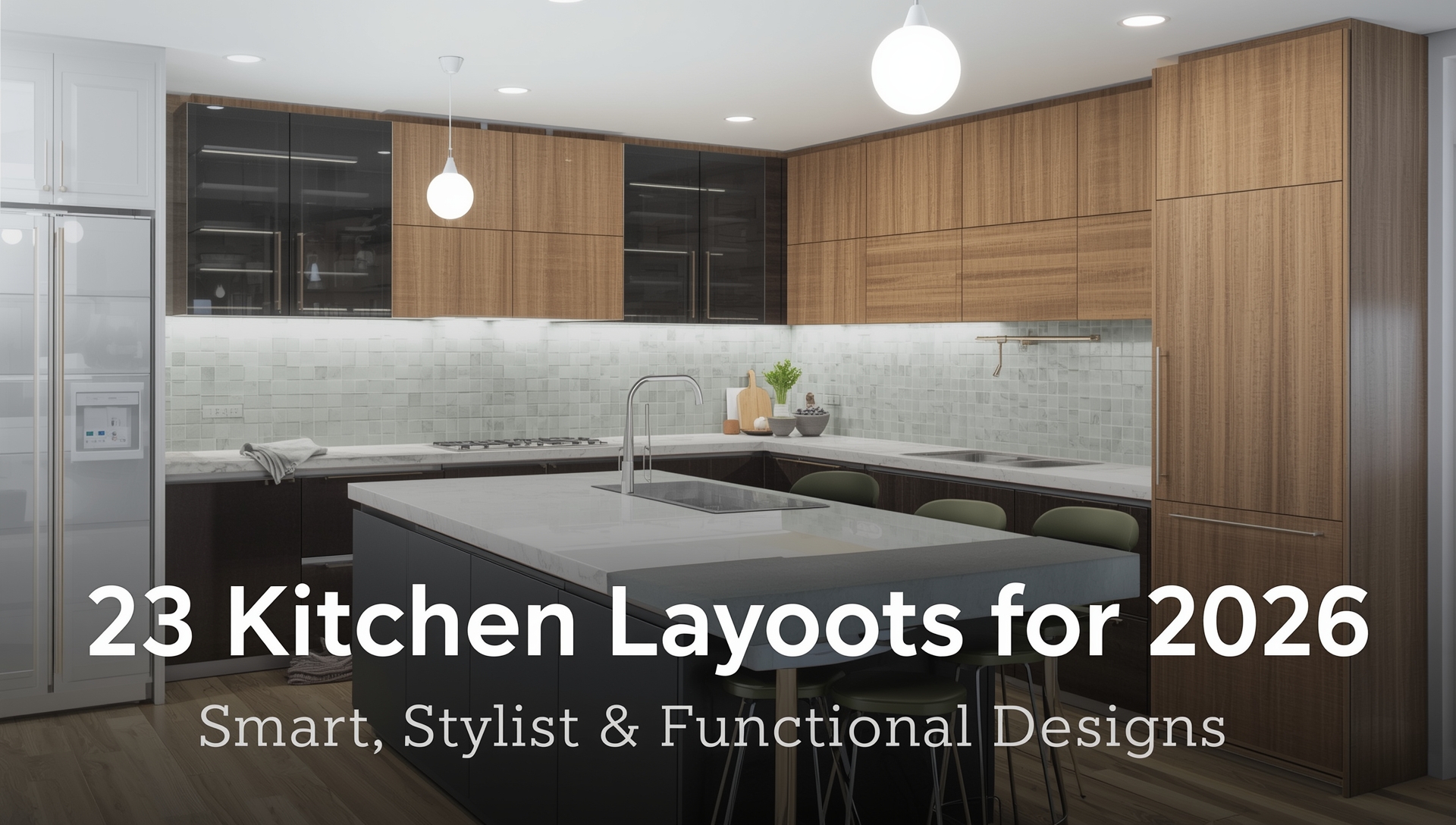 Modern open-concept kitchen layout 2026 with marble island and sleek lighting