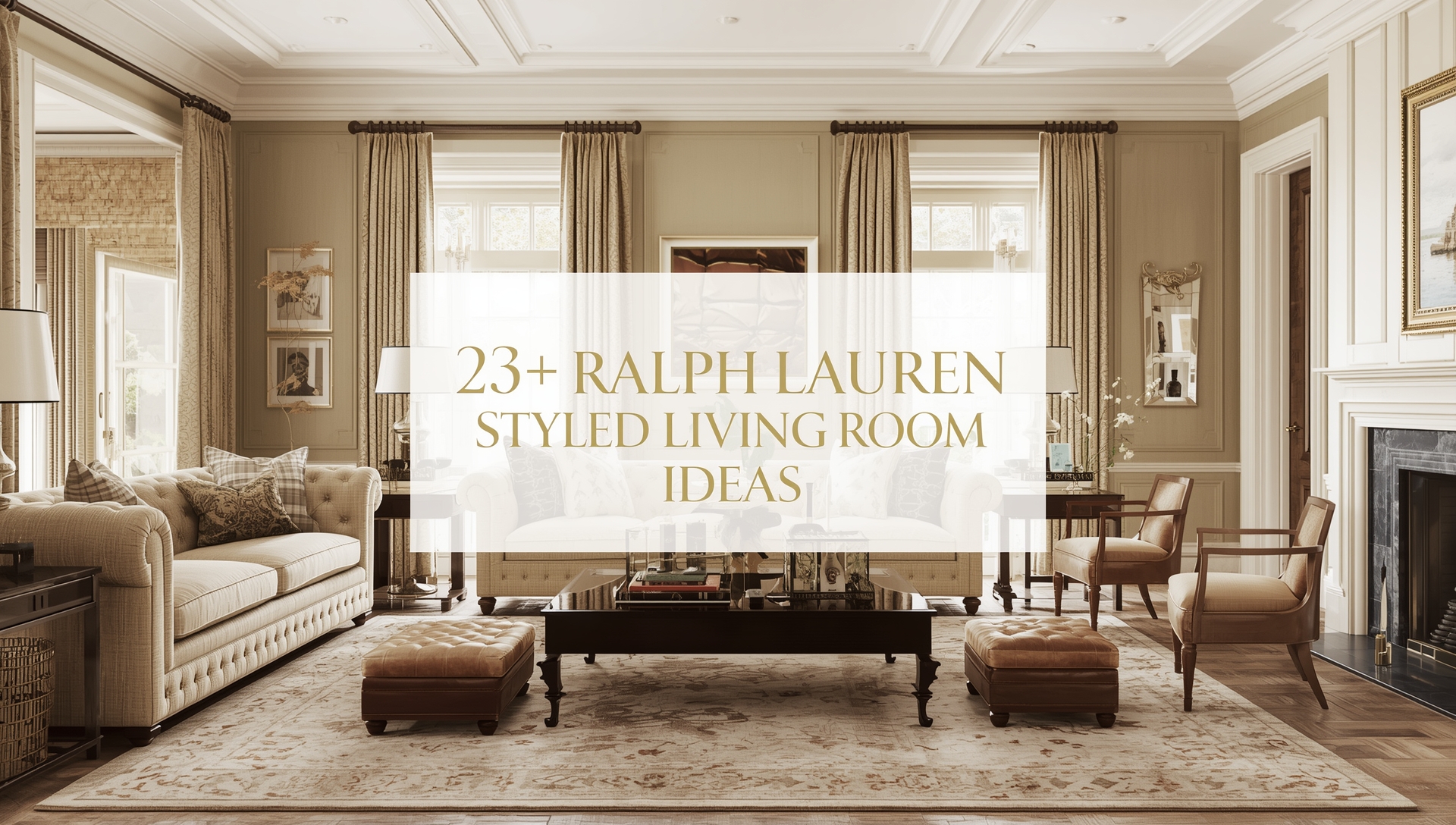 Elegant Ralph Lauren–style living room with leather sofa, navy palette, and vintage décor.