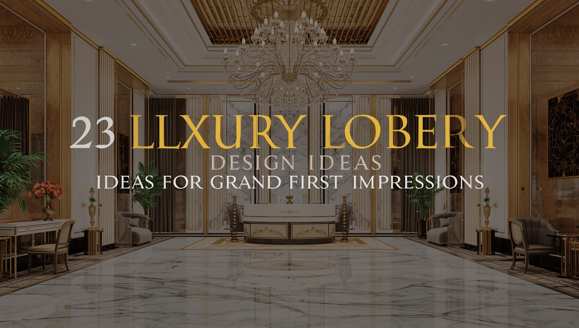 Elegant luxury lobby interior with marble floors, gold accents, designer furniture, and a grand chandelier.